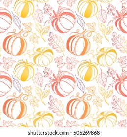 Thanksgiving typography.Seamless pattern. Bright pattern with stylized pumpkins and leaves in fall colors. Thanksgiving design for greeting cards, prints, flyers, invitations, posters and more.