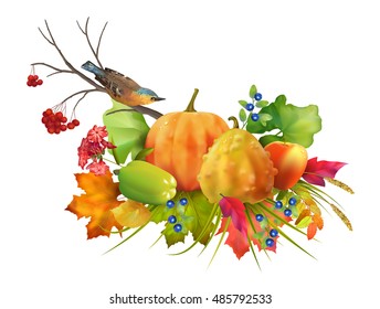 Thanksgiving vector autumn composition with pumpkin and fall leaves and birds on a white background