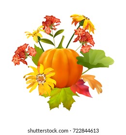 Thanksgiving vector autumn composition with pumpkin, flowers and fall leaves