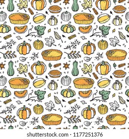 Thanksgiving Vector Background. Autumn Harvest Symbols Seamless Pattern. Hand Drawn Doodle Pumpkin Pie, Vegetables, Different Varieties of Pumpkins, Spices, Leaves.