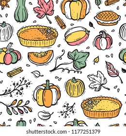 Thanksgiving Vector Background. Autumn Harvest Symbols Seamless Pattern. Hand Drawn Doodle Pumpkin Pie, Vegetables, Different Varieties of Pumpkins, Spices, Leaves.