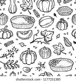 Thanksgiving Vector Background. Autumn Harvest Symbols Seamless Pattern. Hand Drawn Doodle Pumpkin Pie, Vegetables, Different Varieties of Pumpkins, Spices, Leaves.