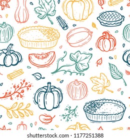 Thanksgiving Vector Background. Autumn Harvest Symbols Seamless Pattern. Hand Drawn Doodle Pumpkin Pie, Vegetables, Different Varieties of Pumpkins, Spices, Leaves.