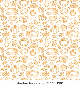 Thanksgiving Vector Background. Autumn Harvest Symbols Seamless Pattern. Hand Drawn Doodle Pumpkin Pie, Vegetables, Different Varieties of Pumpkins, Spices, Leaves.