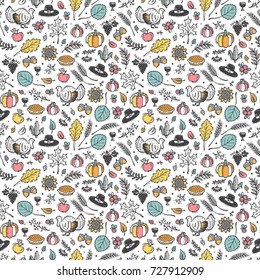 Thanksgiving Vector Background. Autumn Harvest Symbols Seamless Pattern. Hand Drawn Doodle Turkey Bird, Berries, Fruit, Vegetables, Leaves, Ears Of Wheat, Thanksgiving Hat and Pumpkin pie