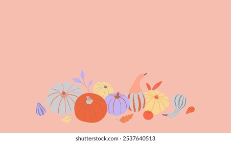 Thanksgiving vector background. Minimalist fall design with a variety of colorful pumpkins, gourds, and autumn leaves in soft pastel tones. Simple, modern illustration