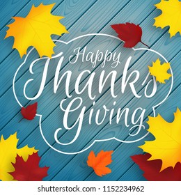 Thanksgiving vector background with wooden planks and autumn fallen leaves. Fall design poster