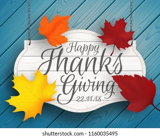 Thanksgiving vector background with wooden planks and autumn fallen leaves. Fall design poster