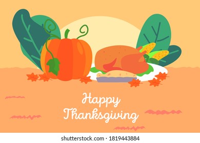 Concepto de vector de acción de gracias: Feliz Día de Acción de Gracias con calabaza, pavo, torta y maíz