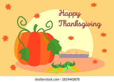 Thanksgiving vector concept: Happy Thanksgiving text with autumn leaves, pumpkin, and pie