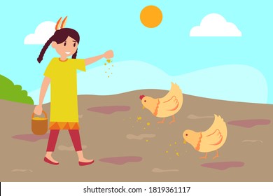 Thanksgiving vector concept: Little girl feeding chicken with corn at farm