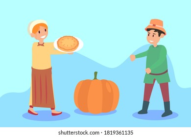 Thanksgiving vector concept: Little girl giving a baked pie to her friend with pumpkin background