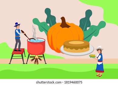 Thanksgiving vector concept: Man and woman cooking corn soup with pumpkin and pie background