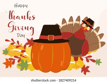 Thanksgiving vector concept: Orange pumpkin and turkey with words of happy thanksgiving day 