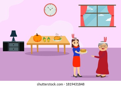 Thanksgiving vector concept: Woman giving homemade pie to her old mother at thanksgiving day