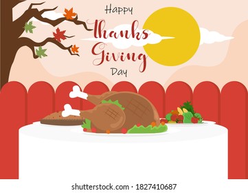 Thanksgiving vector concept: Words of happy thanksgiving day with food on the table in the garden