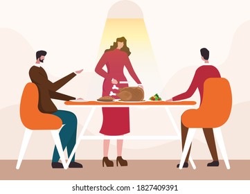 Thanksgiving vector concept: Young woman serving food for her family while celebrating thanksgiving day 