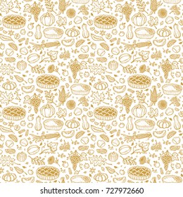 Thanksgiving Vector Food Background. Autumn Harvest Seamless Pattern. Fruits, Vegetables, Berries. Hand Drawn Doodle Apple pie, Pumpkin pie, Pumpkins, Corn, Grapes, Chestnuts, Apples, Leaves, Flowers