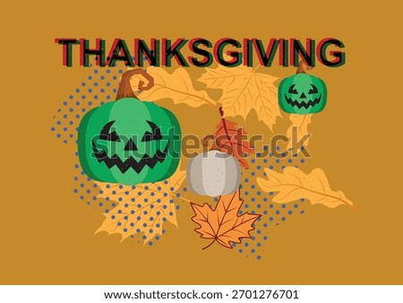 Thanksgiving Vector Greeting with Glitch Chromatic Aberration Text. Spooky Green Jack Lantern and Autumn Leaves on Rustic Background.