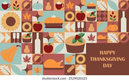 Thanksgiving vector horizontal banner with Bauhaus geometric elements including pumpkin, pie, turkey, sunflower, rosehip, maple leaf, oak leaf