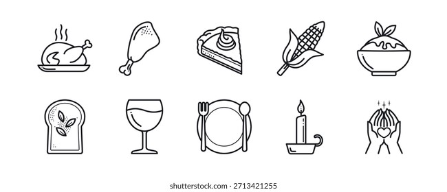 Thanksgiving Vector Icon Set - Simple Outline Style Symbol contain Turkey drumstick, Pumpkin pie with whipped cream, Sweet corn, Mashed potato with gravy, Stuffing traditional bread	
