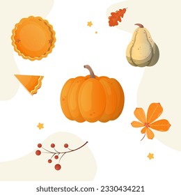 Thanksgiving vector illustration set, pumpkin, pie and leaves