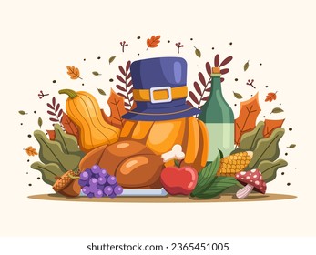 Thanksgiving vector illustration showcases traditional elements of this harvest celebration, including a plump pumpkin, succulent turkey, golden corn, crisp apple, ripe grape, wine bottles, etc