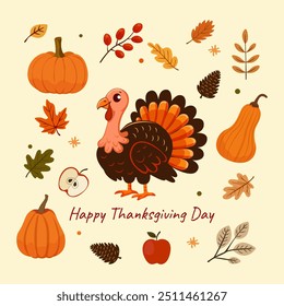 Thanksgiving-Vektorgrafik Türkischer Vogel umgeben von Kürbis, Äpfeln, Blättern. Helle Grußkarte auf hellem Hintergrund. Postkarte, Broschüre, Poster, Aufkleber (einzeln)