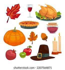 Thanksgiving vector illustrations set. Thanksgiving meal, pumpkin, apples, pilgrim hat, turkey, candles and maple leaves isolated on white background. Thanksgiving dinner concept