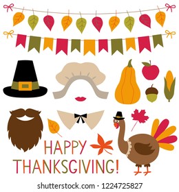 Thanksgiving vector photo booth props (pilgrim hat and bonnet) and decoration set