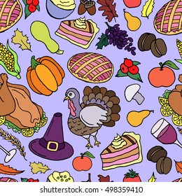 Thanksgiving vector seamless pattern. Holiday texture isolated. Thanks giving day. Design print element. Doodle cartoon sketch. Turkey, cake, wine, apple, corn, fall, food,halloween,decorative,pumpkin