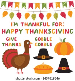 Thanksgiving vector set (a turkey, a pumpkin, pilgrim hats, pie and holiday lettering)