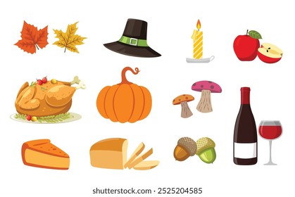 Thanksgiving vector set. Collection of cute 3D stickers. Maple leaves, roast turkey on a plate, pumpkins, pumpkin pie, acorns, mushrooms, candles, wine, Turkish hats.