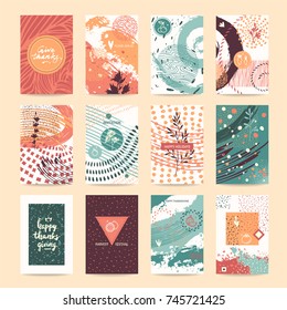 Thanksgiving vector set. Congratulation card, party invitation, poster, flyer, banner template collection. Hand drawn abstract textures, thin line icons. Festive quotes Happy Thanksgiving, Give Thanks