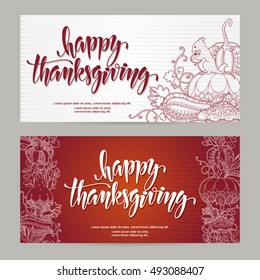 Thanksgiving vector set greeting card, banner with hand drawn calligraphic inscription and linear autumn nature illustration. Happy Thanksgiving