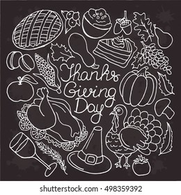 Thanksgiving vector set. Holiday object isolated. Thanks giving day. Design collection element. Doodle cartoon sketch. Turkey, cake, wine, apple, corn, fall, food, halloween, decorative, print,pumpkin