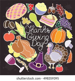Thanksgiving vector set. Holiday object isolated. Thanks giving day. Design collection element. Doodle cartoon sketch. Turkey, cake, wine, apple, corn, fall, food, halloween, decorative, print,pumpkin