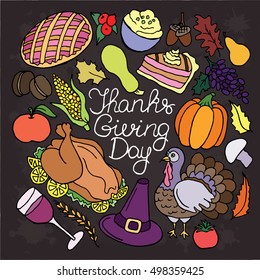 Thanksgiving vector set. Holiday object isolated. Thanks giving day. Design collection element. Doodle cartoon sketch. Turkey, cake, wine, apple, corn, fall, food, halloween, decorative, print,pumpkin