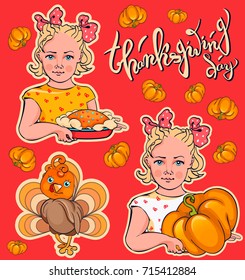 Thanksgiving  vector set for template of card, invitation, greeting postcard, flyer, poster . Hand drawn girl is carrying a cake, a girl with pumpkin and a cartoon turkey. On colorful  background.