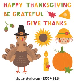 Thanksgiving vector set, a turkey, a pumpkin, a sunflower