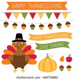 Thanksgiving vector set with a turkey, pumpkin and decoration