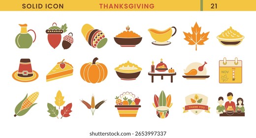 Thanksgiving vector solid icon set. Thankgsgiving festival colourful solid icons