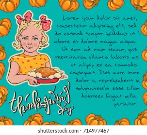 Thanksgiving vector template of card, invitation with space for text. Hand drawn girl is carrying a cake and a frame of pumpkins