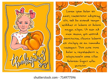 Thanksgiving vector template of card, invitation with space for text. Hand drawn girl is carrying a pumpkin and a frame for text.