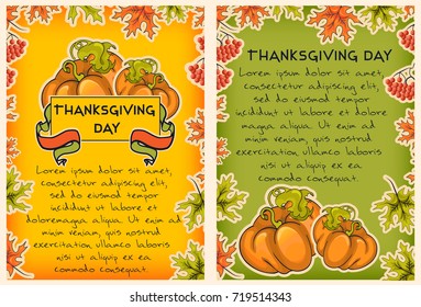 Thanksgiving vector templates  with space for text. Hand drawn  frames of pumpkins, rowan and leafs. Banner with greeting quote. Printable  design of flyer, cover, invitation, postcard, label 