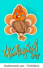 Thanksgiving vector turkey and hand drawn greeting for template of card, invitation,  postcard, flyer, poster . Blue background.