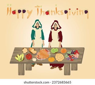 Thanksgiving vectors inspiration by folksy feeling of countryside to celebrate thanksgiving day after harvest with full course of baked turkey, pumpkin pie, bread, fresh fruits, vegetables vectors. 