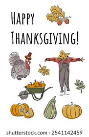 Thanksgiving vertical banner with doodle illustrations with turkey, scarecrow, pumpkins, leaves, and a wheelbarrow, creating a cheerful and seasonal holiday greeting. Vector hand drawn composition