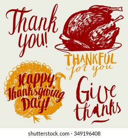 thanksgiving vintage calligraphy set. thank you, thankful for you, give thanks.