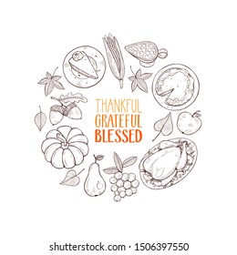 Thanksgiving vintage food hand drawn sketch. Thanksgiving dinner vector illustration. Grateful fall sketch background. Retro style. Circle composition banner design.